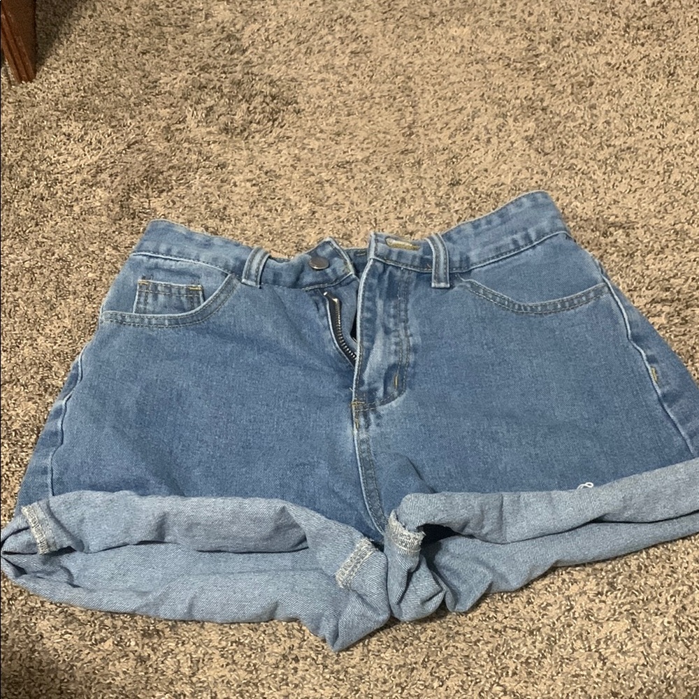 Blue High-Waisted Jean Shorts with Rolled Cuffs